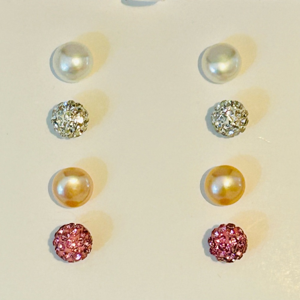 New Elegant Pearl and Crystal Sterling Silver Stud Earring Set